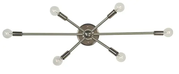 The Simone 6-Light Sconce combines polished nickel and satin pewter finishes for a refined, transitional aesthetic. At 36 inches wide, it makes a bold statement perfect for vanities, hallways, or accent walls.