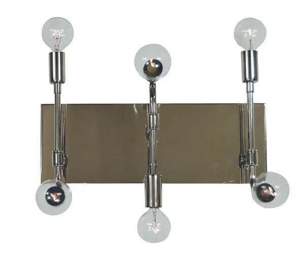 The Fusion sconce combines polished nickel and matte black in a bold 6-light design. At 14" wide, it makes a statement in bathrooms and hallways while providing excellent illumination with its multi-bulb configuration.