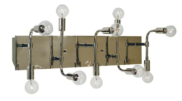 The Fusion Sconce makes a bold architectural statement with 10 exposed bulbs arranged across a 23.5-inch span. The polished nickel and matte black combination creates sophisticated contrast, perfect for modern and transitional interiors.