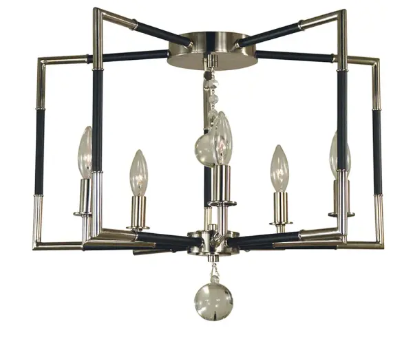 The Felicity combines polished nickel and matte black finishes in a sophisticated 5-light design. At 22 inches wide, it provides substantial illumination while maintaining a low 14-inch profile, perfect for standard ceiling heights.