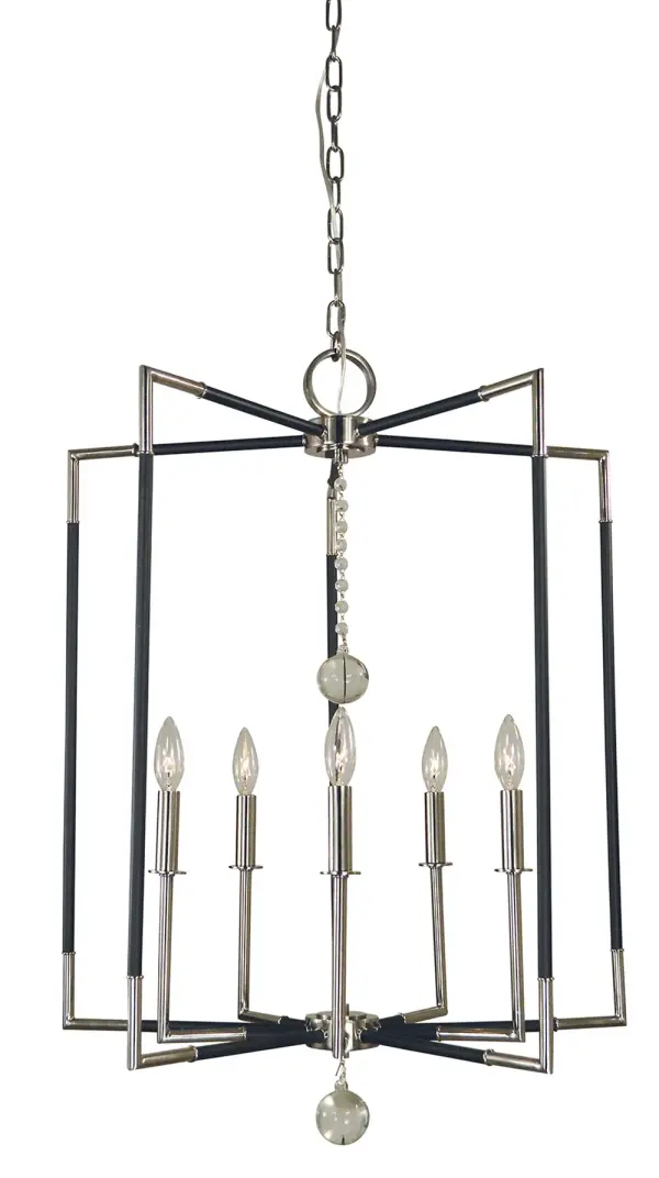 The Felicity chandelier combines polished nickel with matte black accents for a sophisticated transitional look. Its 24-inch width and 5-light configuration make it perfect for medium dining rooms and kitchen islands.
