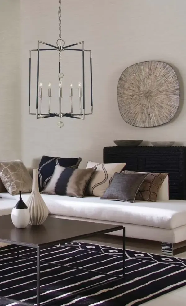 The Felicity chandelier combines polished nickel with matte black accents for a sophisticated transitional look. Its 24-inch width and 5-light configuration make it perfect for medium dining rooms and kitchen islands. - alternate view