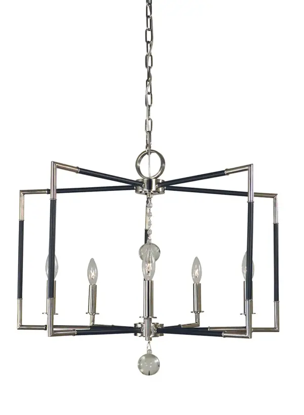 The Felicity 5-Light Chandelier combines polished nickel and matte black finishes for a refined transitional look. Its 28-inch width and classic candle silhouette make it perfect for medium-sized dining rooms and kitchen islands.