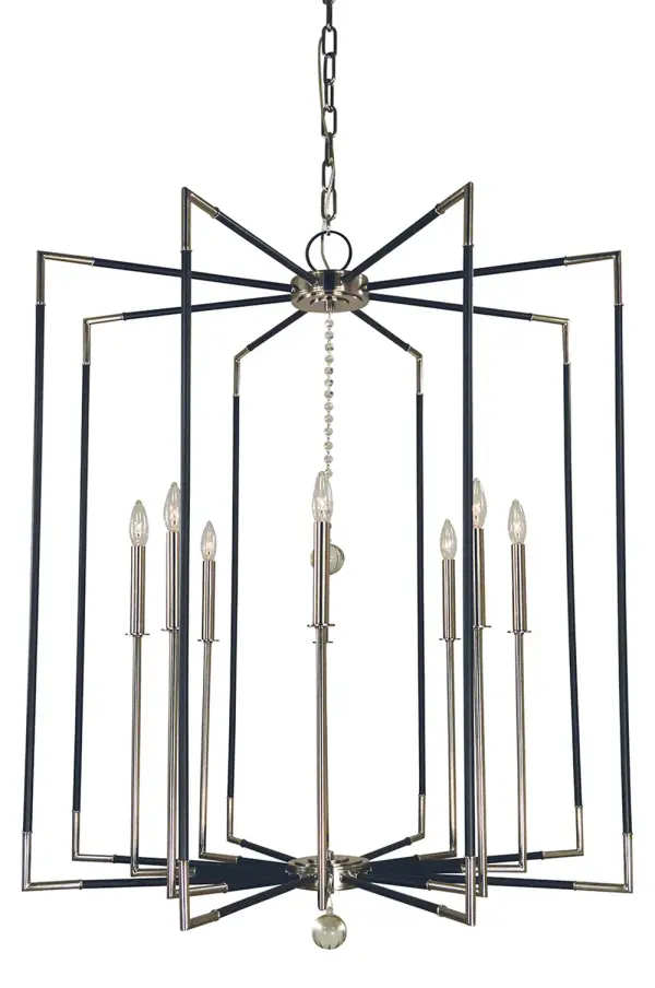 The Felicity 8-Light Foyer Chandelier commands attention with its impressive 36-inch width and dramatic 43-inch height. The polished nickel and matte black combination creates visual interest while the 8-light configuration ensures ample illumination.
