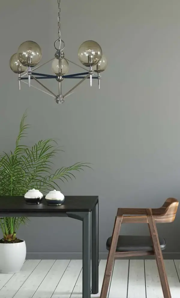 The Calista combines polished nickel and matte black finishes for a refined transitional look. Its 30-inch width and 5-light configuration make it perfect for medium to large dining spaces, offering both style and ample illumination. - alternate view