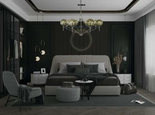 The Calista 8-Light Chandelier combines polished nickel and matte black finishes in a dramatic 40-inch design. With eight G16.5 bulbs providing ample illumination, this fixture brings contemporary elegance to large dining rooms and entertaining spaces. - alternate view