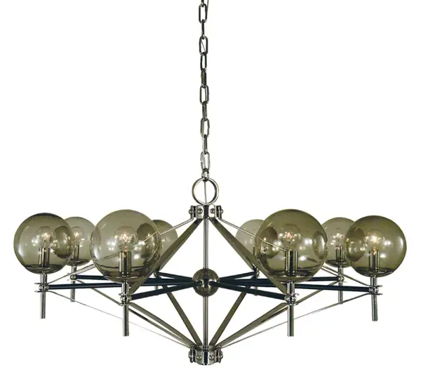 The Calista 8-Light Chandelier combines polished nickel and matte black finishes in a dramatic 40-inch design. With eight G16.5 bulbs providing ample illumination, this fixture brings contemporary elegance to large dining rooms and entertaining spaces.