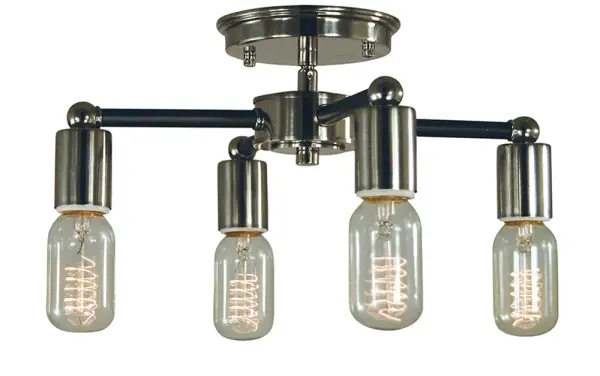 The Nebula 4-Light Flush Mount combines polished nickel with matte black accents for a sophisticated contemporary look. At 14 inches wide and 9 inches high, it's ideal for smaller spaces with standard ceiling heights.
