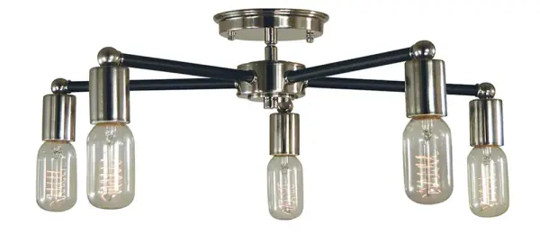 The Nebula flush mount combines polished nickel with matte black accents for a sophisticated contemporary look. Its 22-inch diameter and low 9-inch profile make it ideal for standard ceiling heights while providing ample illumination.