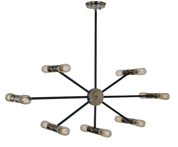 The Nebula chandelier commands attention with 14 lights arranged in a sculptural 40-inch wide design. The polished nickel and matte black finish combination creates striking visual contrast, while adjustable hanging heights ensure perfect placement.
