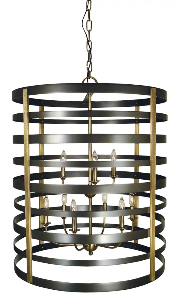This 9-light foyer chandelier combines traditional elegance with pastoral charm. The mahogany bronze finish with antique brass accents creates a sophisticated two-tone look perfect for grand entryways and formal spaces.