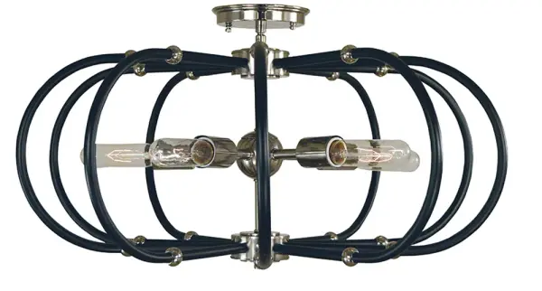 The Pulsar 5-Light Flush Mount combines polished nickel and matte black finishes in a contemporary design perfect for medium-sized spaces. Its 22-inch diameter and low-profile 13-inch height make it ideal for standard ceiling heights.