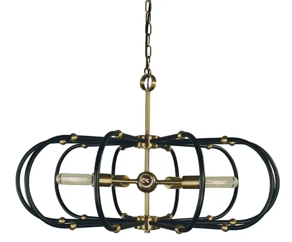 The Pulsar 5-Light Chandelier combines antique brass warmth with modern matte black accents in a striking 30-inch design. Perfect for medium to large dining spaces, this fixture delivers substantial presence with versatile style.