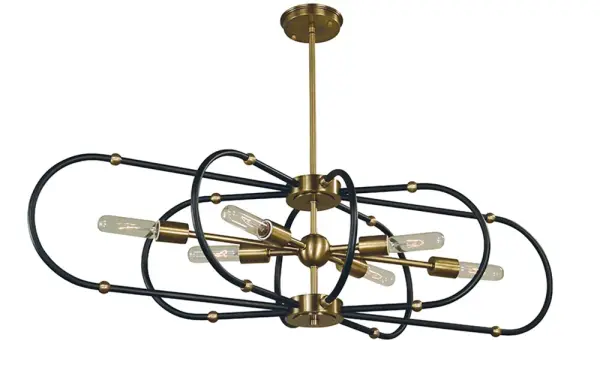 The Pulsar 6-Light Chandelier combines antique brass warmth with modern matte black accents for a sophisticated two-tone look. Its generous 40-inch width and adjustable hanging height make it versatile for various ceiling heights.