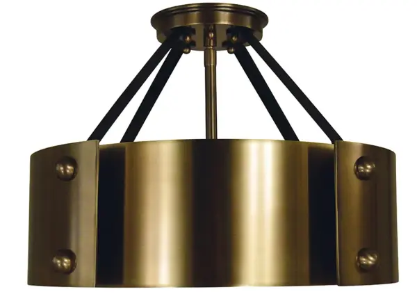 The Lasalle semi-flush combines antique brass warmth with modern matte black accents in a compact 15-inch design. Six exposed bulbs create ambient lighting perfect for smaller spaces with standard ceiling heights.