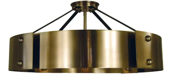 The Lasalle semi-flush combines warm antique brass with modern matte black accents for a versatile transitional look. With 8 lights and a 24-inch diameter, it provides substantial illumination while maintaining a low profile perfect for standard ceiling heights.