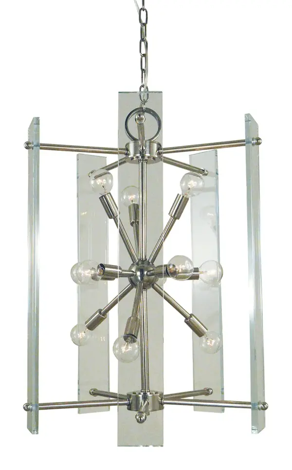 The Metrocraft chandelier delivers sophisticated illumination with 11 lights in a refined polished nickel finish. Its 18-inch diameter and adjustable height make it versatile for various ceiling heights and room sizes.