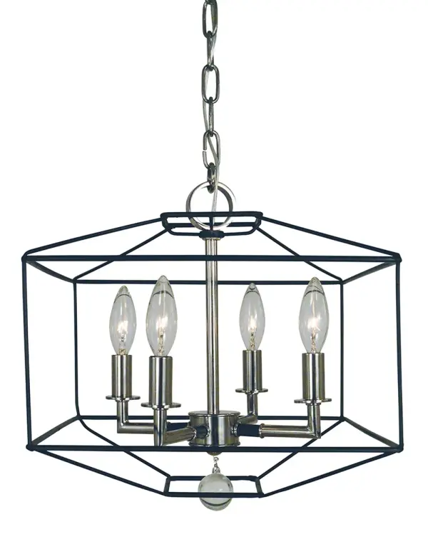 The Isabella chandelier combines polished nickel and matte black finishes for a sophisticated transitional look. Its compact 13-inch width and dual mounting capability make it perfect for smaller dining spaces or bedrooms.