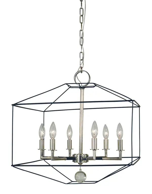 The Isabella chandelier combines polished nickel and matte black finishes in a sophisticated 6-light design. Its 20-inch diameter makes it versatile for medium-sized spaces, while the mixed metal finish adds visual interest.