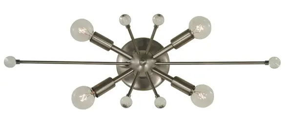 The Supernova sconce delivers dramatic visual impact with its distinctive starburst configuration and brushed nickel finish. At 23 inches wide, this statement piece provides ample illumination while serving as sculptural wall art.