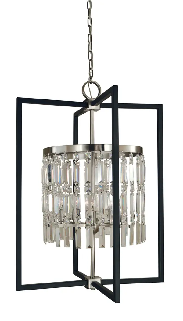 The Hannah chandelier combines brushed nickel and matte black finishes for a striking contemporary look. With 5 candle-style lights and a 23-inch width, it's perfectly sized for medium dining rooms and kitchen islands.