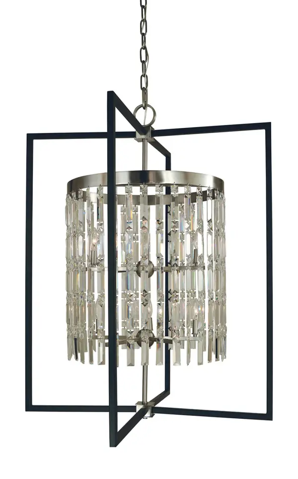 The Hannah 10-light foyer chandelier commands attention with its impressive 32" width and 41" height, featuring a sophisticated brushed nickel and matte black finish. Perfect for grand entryways and high-ceiling spaces.