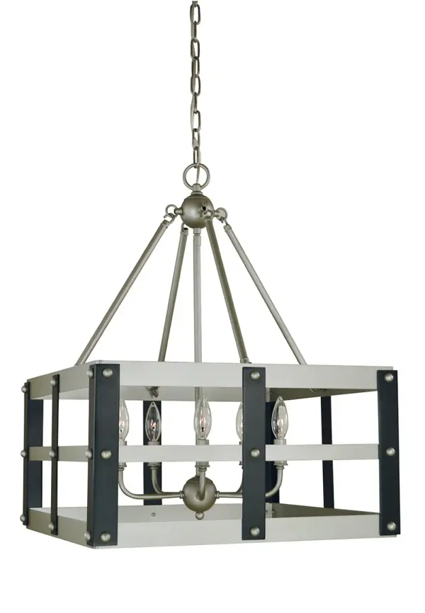 The Metro Artisan chandelier combines industrial charm with contemporary sophistication through its distinctive two-tone finish. Five candle-style lights create warm ambiance while the 20-inch width makes it perfectly scaled for medium dining spaces.