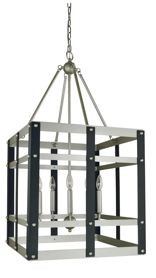 The Metro Artisan chandelier combines industrial design with refined two-tone finishes. Its 20-inch width and 5-light configuration make it perfect for medium dining spaces, while the adjustable chain allows customization for various ceiling heights.