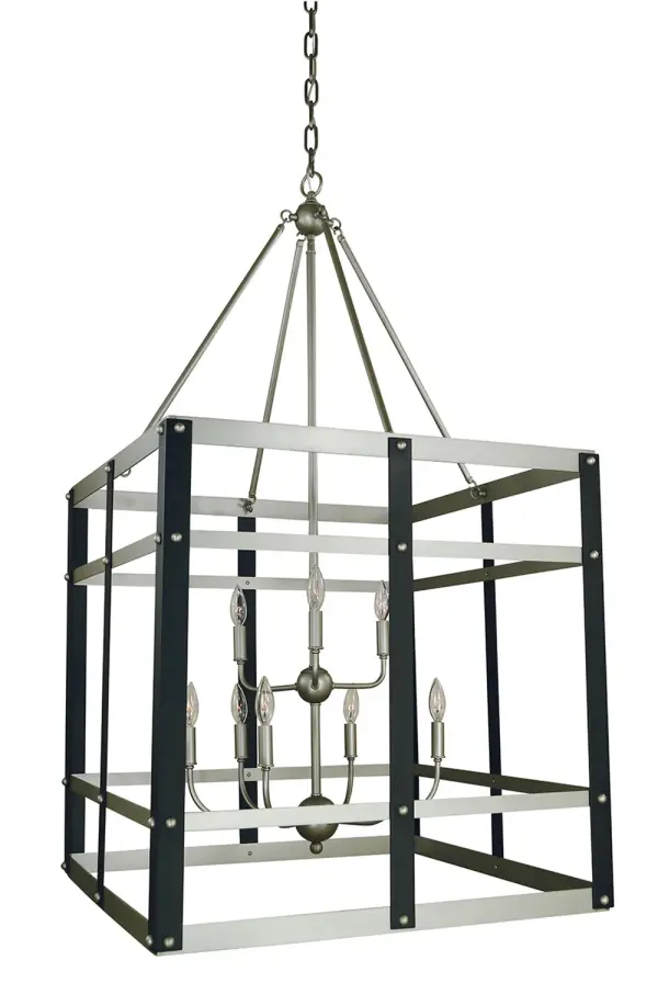 The Metro Artisan 9-Light Foyer Chandelier commands attention with its dramatic 50-inch height and sophisticated two-tone finish. Perfect for high-ceiling spaces, this substantial fixture combines industrial edge with artisanal craftsmanship.