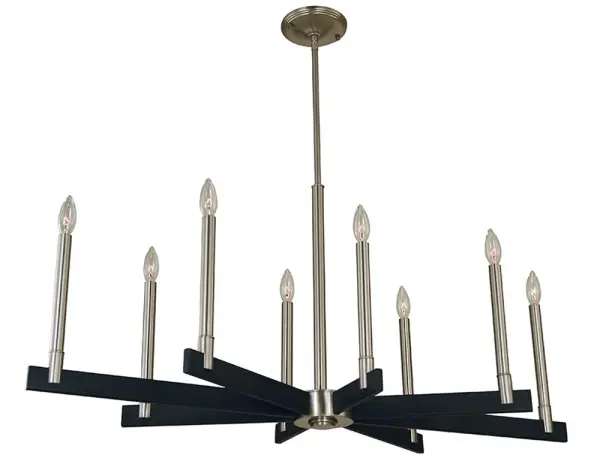The Jessica chandelier combines brushed nickel and matte black finishes in a bold 40-inch wide design. Eight candelabra lights provide ample illumination, while adjustable hanging heights accommodate various ceiling configurations.
