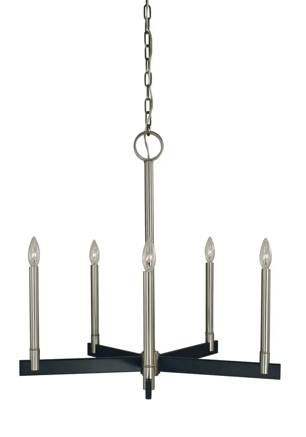 The Jessica chandelier combines brushed nickel and matte black finishes for a striking contemporary look. With 5 candle-style lights and a 26-inch width, it's perfectly sized for medium dining rooms and kitchen islands.