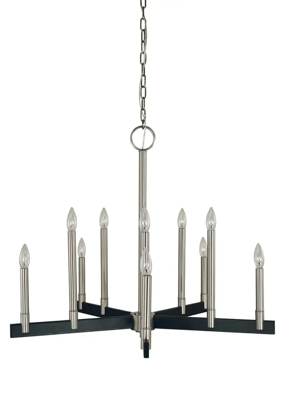 The Jessica chandelier makes a bold statement with its generous 32-inch width and striking brushed nickel and matte black finish combination. Ten candelabra lights provide ample illumination for large dining spaces while the mixed metal aesthetic adds contemporary sophistication to transitional interiors.