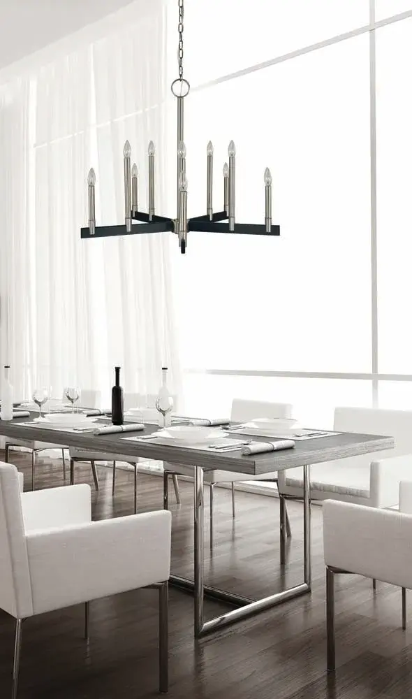 The Jessica chandelier makes a bold statement with its generous 32-inch width and striking brushed nickel and matte black finish combination. Ten candelabra lights provide ample illumination for large dining spaces while the mixed metal aesthetic adds contemporary sophistication to transitional interiors. - alternate view