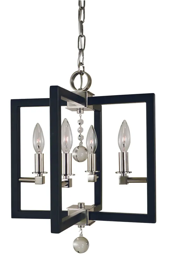 The Minimalist Elegant chandelier combines polished nickel and matte black finishes in a clean, contemporary design. Its compact 14-inch width and dual mounting capability make it perfect for smaller dining areas or kitchen islands.