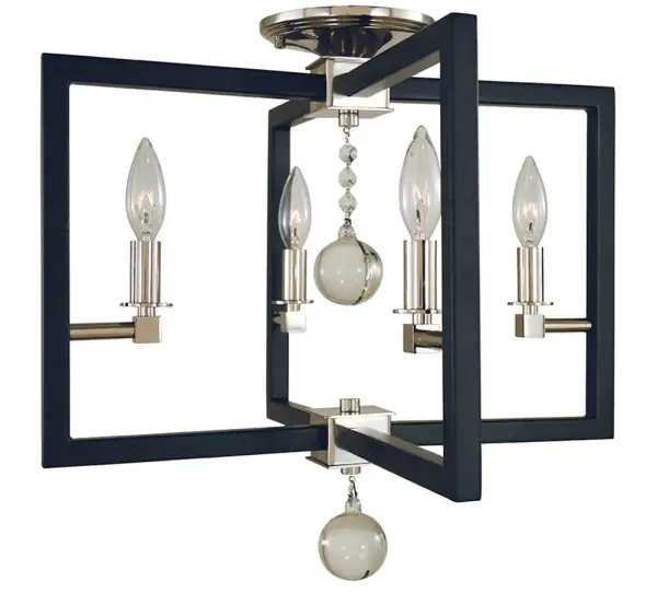 The Minimalist Elegant combines polished nickel and matte black finishes in a compact 18-inch design. Four candelabra sockets provide ample illumination while maintaining a clean, understated profile perfect for modern interiors.