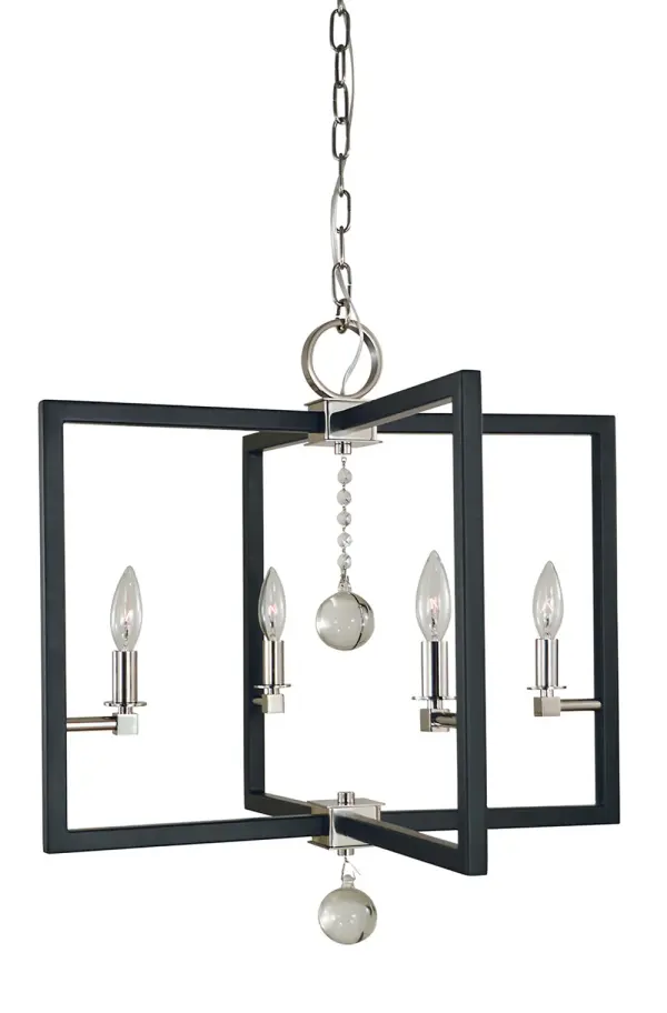 This 4-light chandelier combines polished nickel and matte black finishes for a bold, contemporary statement. The minimalist design features clean lines and a geometric form that works beautifully over dining tables or kitchen islands.