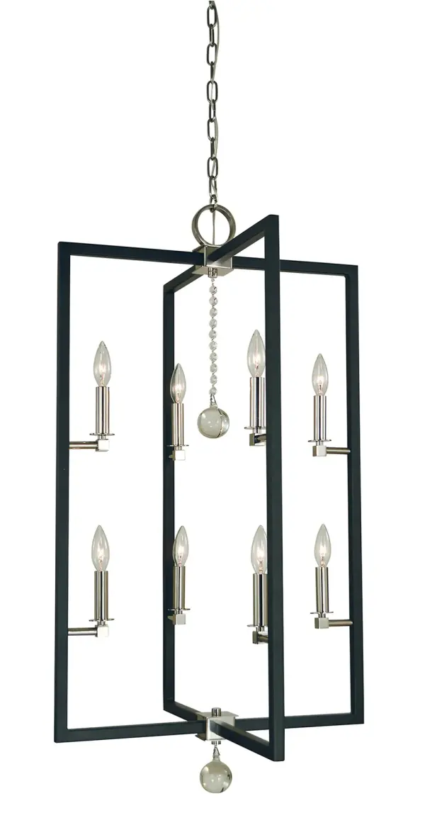 This 8-light foyer chandelier combines polished nickel and matte black finishes in a clean, minimalist design. At 22" wide and extending 110", it creates dramatic vertical impact perfect for two-story foyers and grand entryways.