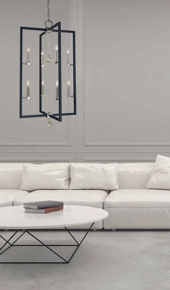 This 8-light foyer chandelier combines polished nickel and matte black finishes in a clean, minimalist design. At 22" wide and extending 110", it creates dramatic vertical impact perfect for two-story foyers and grand entryways. - alternate view