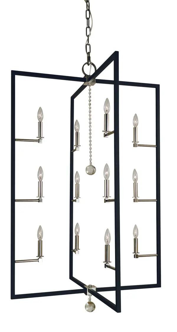 This 12-light chandelier combines polished nickel and matte black finishes in a minimalist design that makes a bold architectural statement. At 32 inches wide and extending up to 122 inches, it's perfectly scaled for high-ceiling foyers and grand spaces.