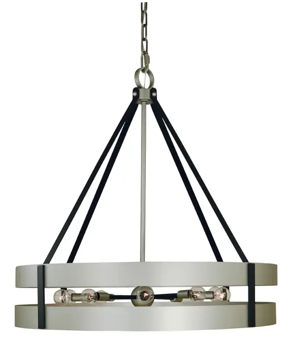 The Orion chandelier makes a dramatic statement with its 32-inch square frame and striking satin pewter and matte black finish. Ten G16.5 bulbs provide ample illumination for large dining spaces while the geometric design adds contemporary sophistication.