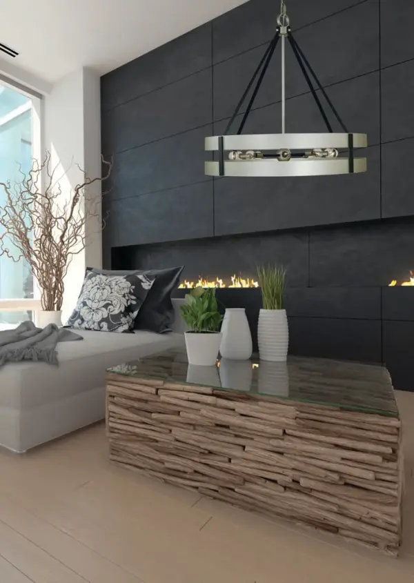 The Orion chandelier makes a dramatic statement with its 32-inch square frame and striking satin pewter and matte black finish. Ten G16.5 bulbs provide ample illumination for large dining spaces while the geometric design adds contemporary sophistication. - alternate view
