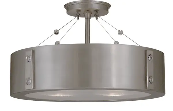 The Oracle flush mount combines satin pewter and polished nickel finishes for a sophisticated two-tone look. Its compact 16-inch diameter and low 9.5-inch profile make it ideal for rooms with standard ceiling heights.