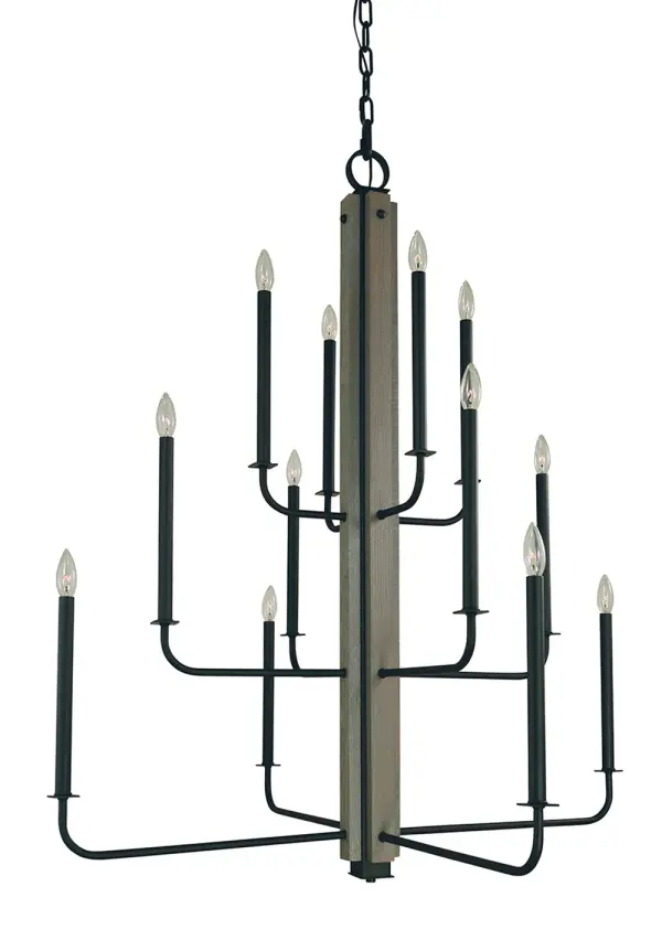 This impressive 12-light chandelier combines matte black metal with grey oak accents for a striking industrial-modern aesthetic. At 40 inches wide and 48 inches tall, it commands attention in large foyers and dining spaces.