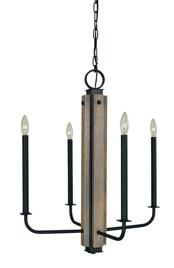The Loft chandelier combines matte black metal with grey oak wood accents for a sophisticated industrial-farmhouse aesthetic. Its 28-inch width and 4-light configuration make it perfect for medium-sized dining areas and kitchen islands.