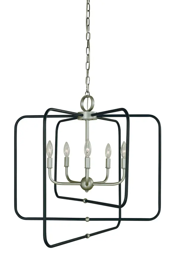 The Montrose 5-Light Chandelier combines classic candelabra styling with modern two-tone finishes. Its 26-inch width makes it versatile for medium-sized spaces, while the satin pewter and matte black accents add contemporary flair.