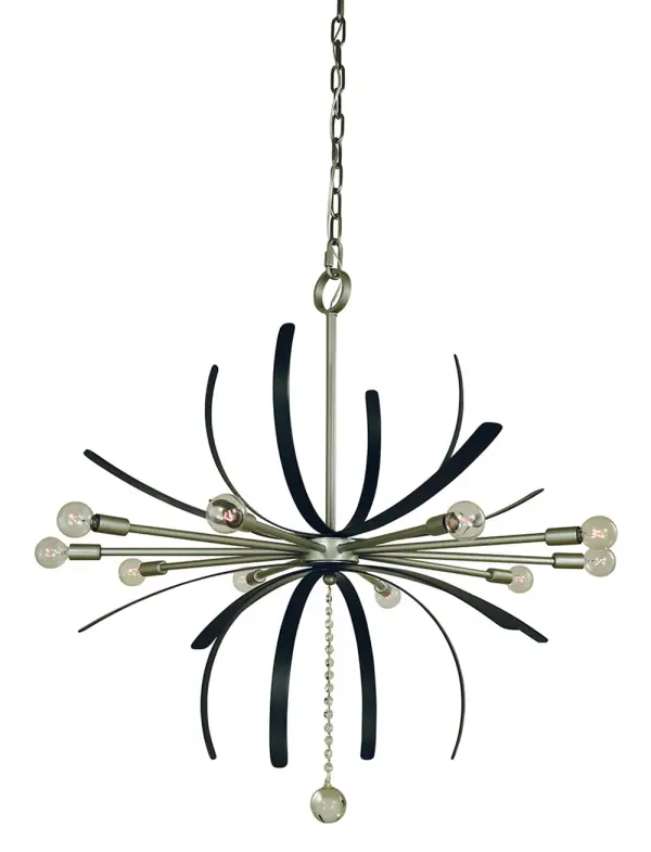 The Victoria chandelier makes a bold statement with its generous 36-inch width and dramatic 10-light configuration. The sophisticated pairing of satin pewter with matte black accents creates visual depth and modern appeal.