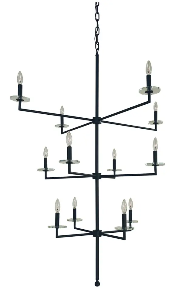 The Muse foyer chandelier makes a bold architectural statement with 12 candelabra lights arranged in a contemporary matte black frame. At 39 inches wide and extending over 10 feet, it's designed for high-ceiling entryways and grand spaces.