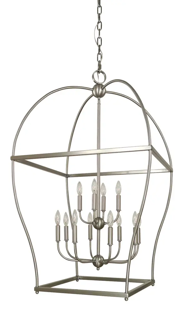 The Kenmare foyer chandelier makes a dramatic impression with 12 candelabra lights arranged in a classic tiered design. At 26 inches wide and 44 inches tall, this substantial fixture is ideal for high-ceiling spaces requiring impactful illumination.