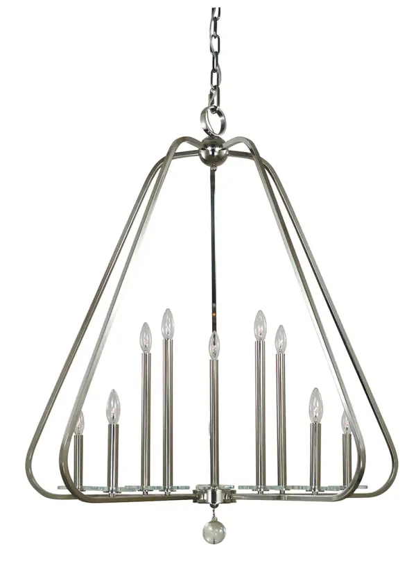 The Triangulum 10-Light Chandelier commands attention with its impressive 38-inch width and 42-inch height. Perfect for two-story foyers and grand entryways, this polished nickel fixture delivers dramatic illumination.