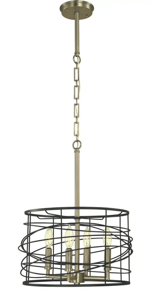 The Boca flush dinette chandelier combines brushed nickel and matte black finishes in a compact 14-inch design. Its wire cage shades and 4-light configuration provide ample illumination for smaller dining areas while maintaining a contemporary aesthetic.